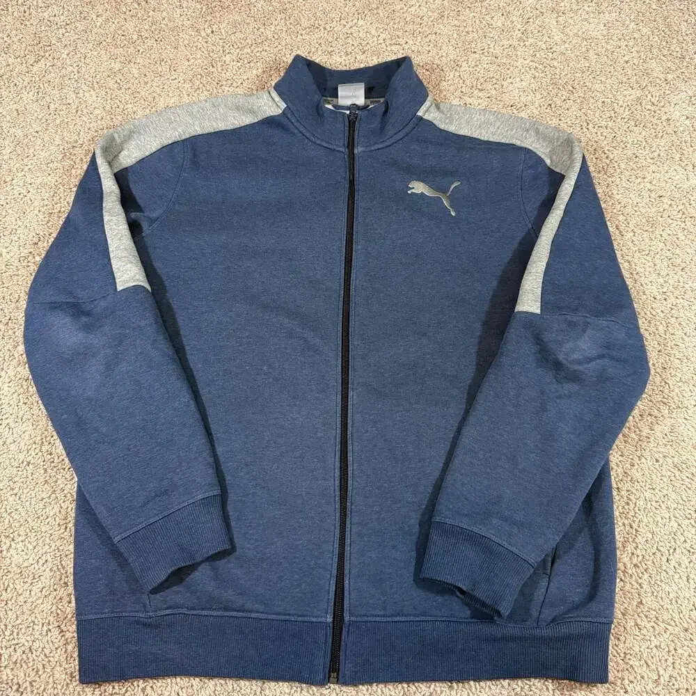 Puma Full Zip Track Jacket Mens Large Blue Gray Fleece Lined Athletic Sweatshirt